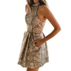 COOPERTIVE Floral Metallic Iridescent Halter Fit & Flare Mini Dress Sz 2